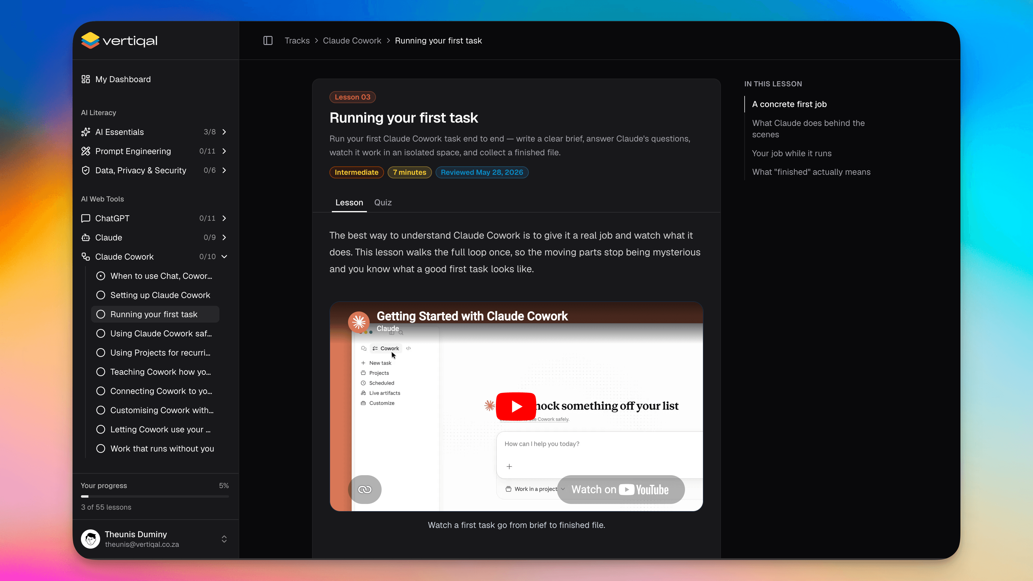 Vertiqal AI Academy lesson view with video and quiz